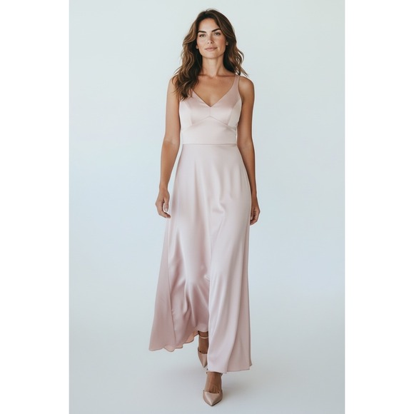 Amsale Dresses & Skirts - Amsale Womens Blush Pink Satin V-Neck Open Back Formal Gown Dress GB140S Size 12
